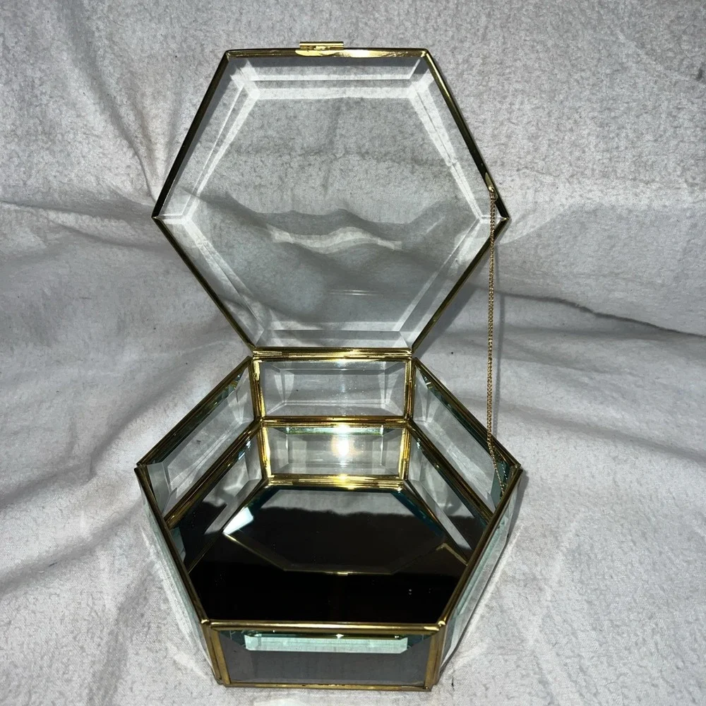 VTG Beveled Glass Mirror Bottom Hinged Display Case Trinket Jewelry Box Curio 7